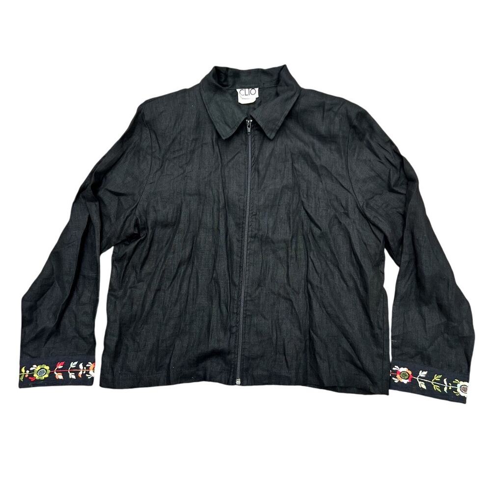 CLIO | Vintage 90s Zip Up 100% Linen Floral Embroidered Boxy Jacket Black Size L